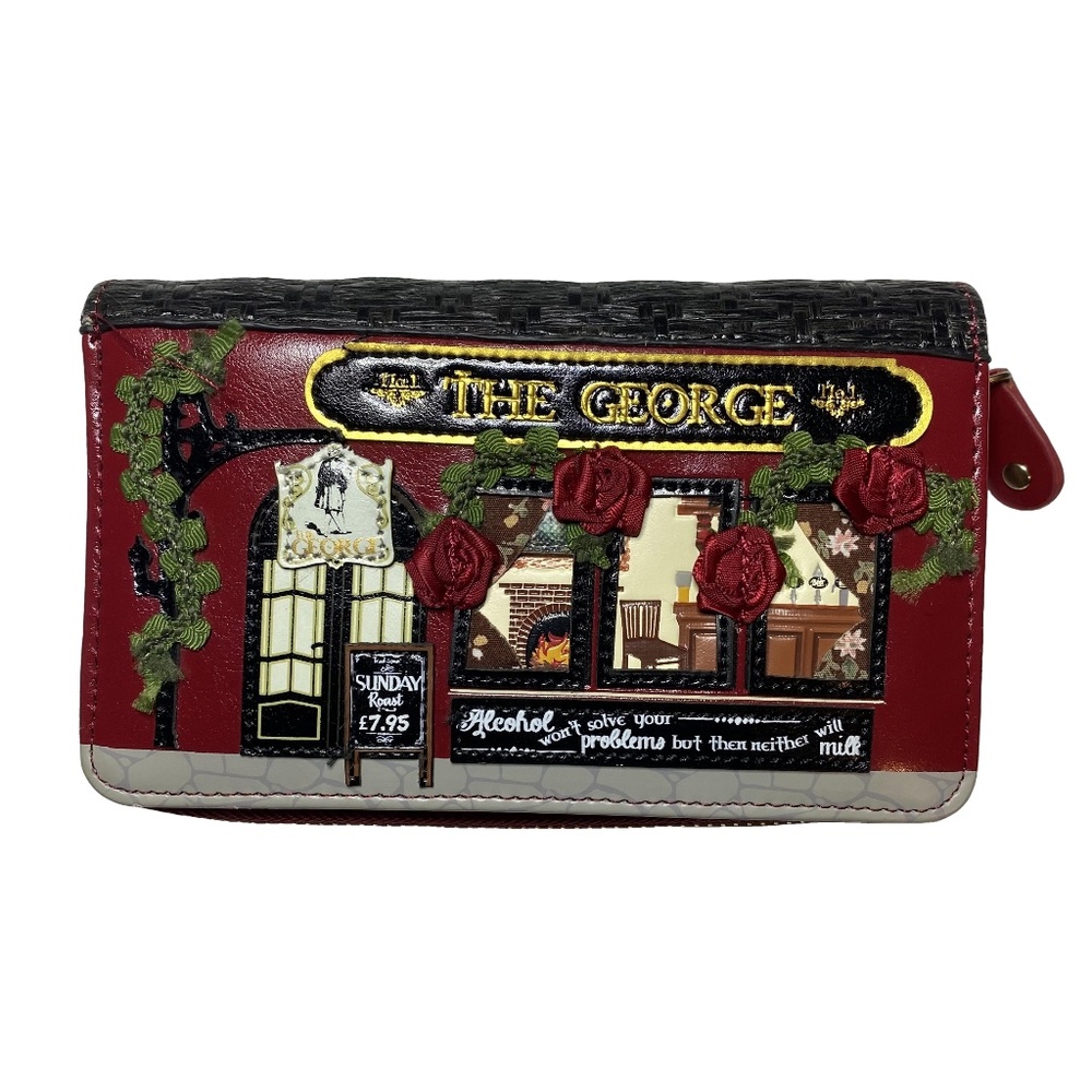 NWOT VENDULA LONDON The George Pub Zip Around Red Vegan Whimsical Wallet